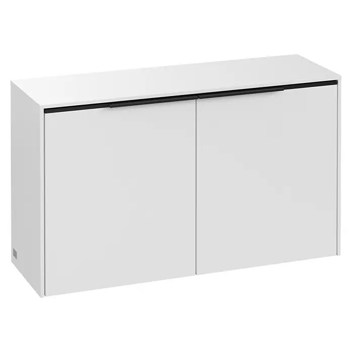 Villeroy & Boch Subway 3.0 Seitenschrank - B x T x H: 72,8 x 25,6 x 42,3 cm, Pure White, DIN Anschlag: Links/Rechts, Farbe Griff: Volcano Black - Eine moderne, weiße Kommode mit zwei Türen und einem schlichten, schwarzen Griffdesign, ideal für stilvolle Wohnräume und optimale Stauraumlösungen.