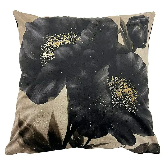 Kissen Veda - Brazilian Sand, 45 x 45 cm - Schwarzes Kissen mit goldenen Akzenten.