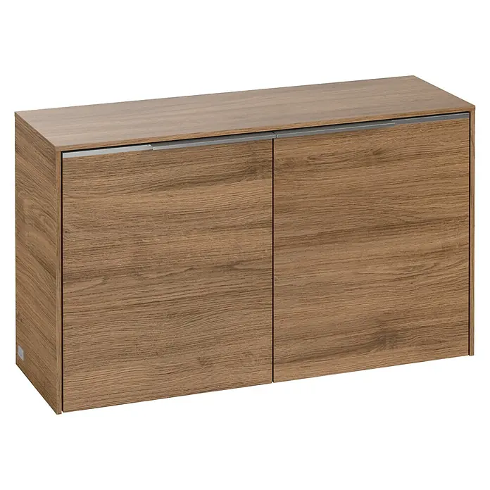 Villeroy & Boch Subway 3.0 Seitenschrank - B x T x H: 72,8 x 25,6 x 42,3 cm, Kansas Oak, DIN Anschlag: Links/Rechts, Farbe Griff: Aluminium glänzend - Eine Nahaufnahme eines modernen Holzschranks mit zwei Türen und Griffen aus gebürstetem Metall.
