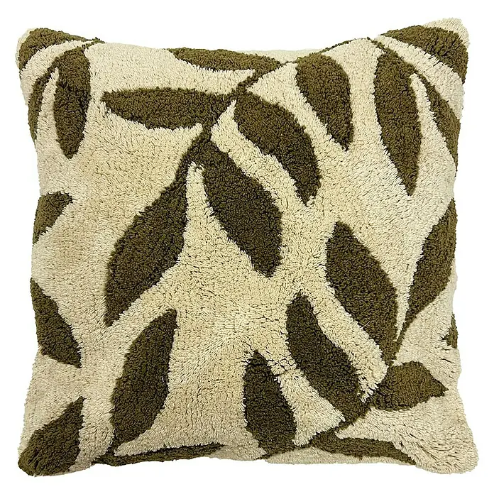 Kissen Ilse - Military Olive, 45 x 45 cm - Dekoratives quadratisches Kissen mit einem attraktiven Blättermuster in Olivgrün und Beige für einen modernen Touch in Ihrem Wohnraum.