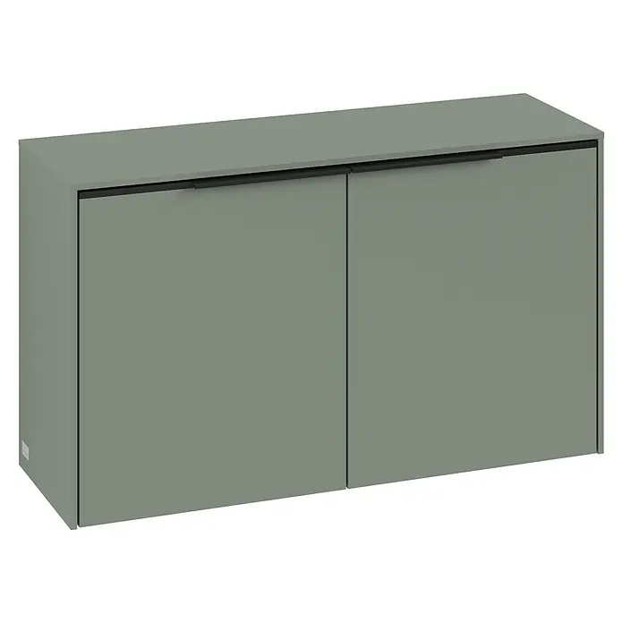 Villeroy & Boch Subway 3.0 Seitenschrank - B x T x H: 72,8 x 25,6 x 42,3 cm, Soft Green, DIN Anschlag: Links/Rechts, Farbe Griff: Volcano Black - Grauer Wandschrank mit zwei Türen und minimalistischen schwarzen Griffen, ideal für moderne Wohnräume.