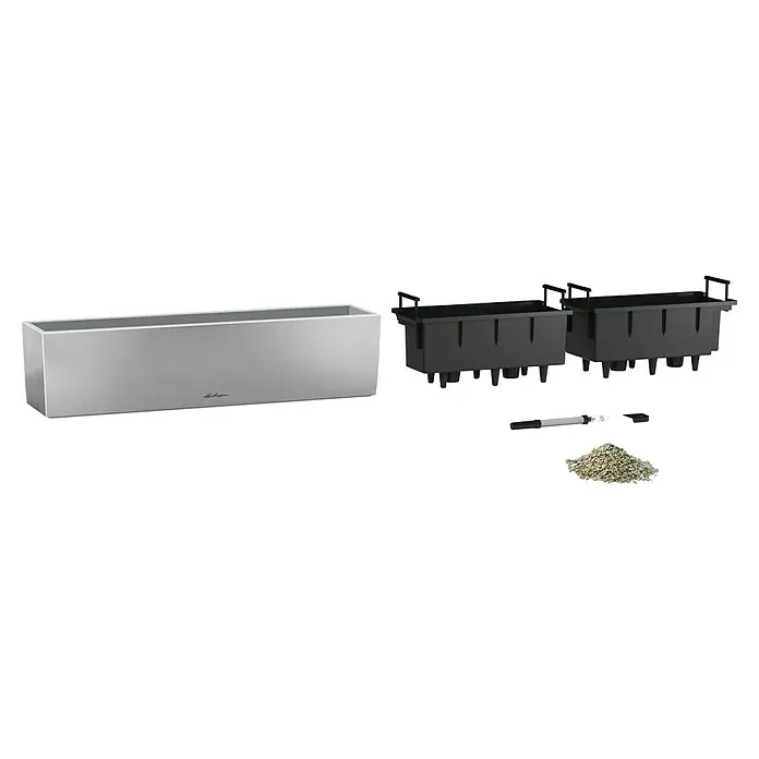 Lechuza Balkonkasten Balconera Steel - Max. Außenlänge: 80 cm, Perlgrau, Edelstahl - Silberner Pflanzkasten mit schwarzem Einsatz und Blähton, ideal für Innen- und Außenbereich. Hochwertiges Design für stilvolle Bepflanzung.