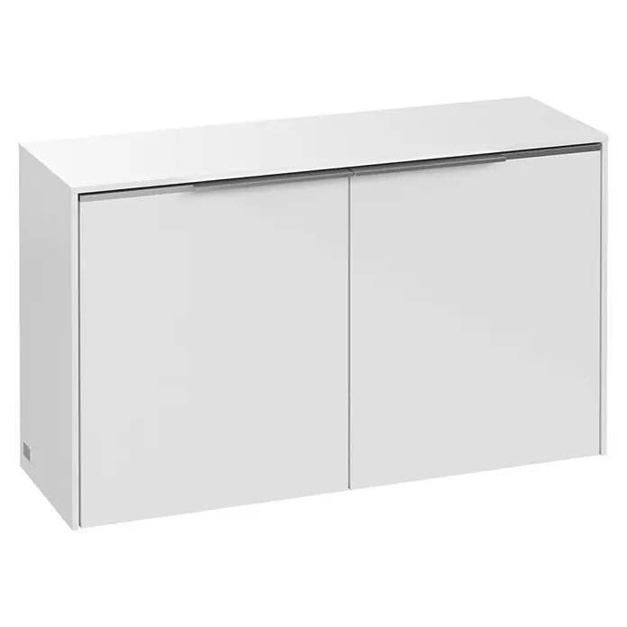 Villeroy & Boch Subway 3.0 Seitenschrank - B x T x H: 72,8 x 25,6 x 42,3 cm, Brilliant White, DIN Anschlag: Links/Rechts, Farbe Griff: Aluminium glänzend - Eine elegante weiße Kommode mit minimalistischem Design und zwei Schubladen mit Griffen, perfekt für moderne Wohnräume.