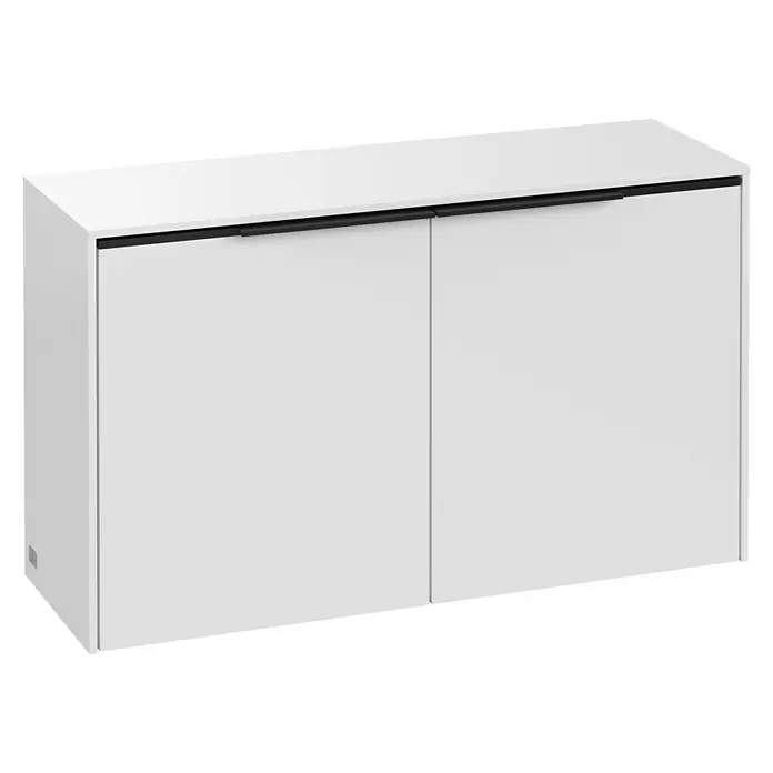Villeroy & Boch Subway 3.0 Seitenschrank - B x T x H: 72,8 x 25,6 x 42,3 cm, Brilliant White, DIN Anschlag: Links/Rechts, Farbe Griff: Volcano Black - Nahaufnahme eines modernen weißen Unterschranks mit zwei Türen und einem schlanken schwarzen Griff, ideal für Badezimmer oder Wohnbereiche.