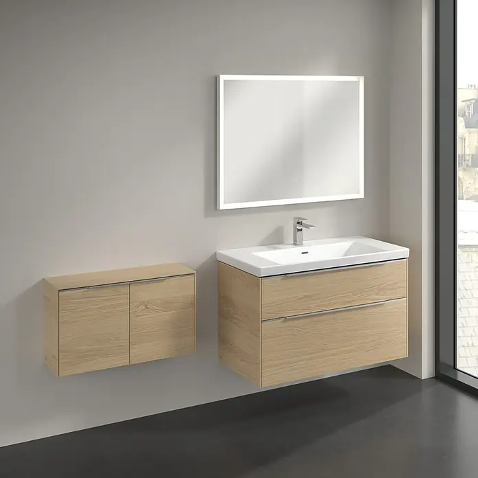 Villeroy & Boch Subway 3.0 Seitenschrank - B x T x H: 72,8 x 25,6 x 42,3 cm, Nordik Oak, DIN Anschlag: Links/Rechts, Farbe Griff: Aluminium glänzend - Modernes Badezimmer-Waschbeckenmöbel-Set in Holzoptik mit Spiegel. Elegantes Design für ein stilvolles Ambiente.