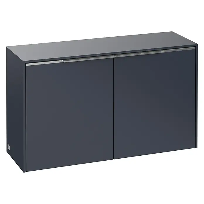 Villeroy & Boch Subway 3.0 Seitenschrank - B x T x H: 72,8 x 25,6 x 42,3 cm, Marine Blue, DIN Anschlag: Links/Rechts, Farbe Griff: Aluminium glänzend - Eine moderne, dunkle Aufbewahrungseinheit mit zwei Türen und einer schlichten, grauen Oberseite für stilvolle Ordnung.
