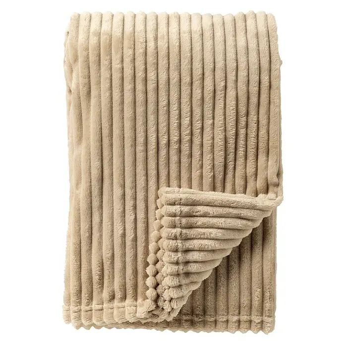 Decke Stripe - Pumice Stone, 200 x 150 cm, 100 % Polyester - Beige Kord-Wohndecke mit weicher Textur und umgeschlagener Ecke, ideal für gemütliche Stunden auf dem Sofa.