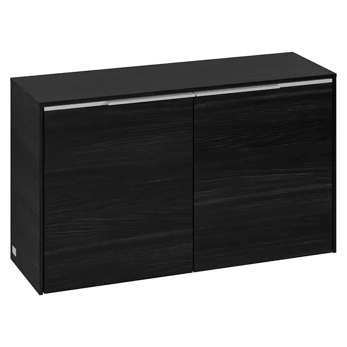 Villeroy & Boch Subway 3.0 Seitenschrank - B x T x H: 72,8 x 25,6 x 42,3 cm, Black Oak, DIN Anschlag: Links/Rechts, Farbe Griff: Aluminium glänzend - Ein modernes, schwarzes Sideboard mit zwei Türen und eleganten, silberfarbenen Griffen, ideal für stilvolle Aufbewahrungslösungen.