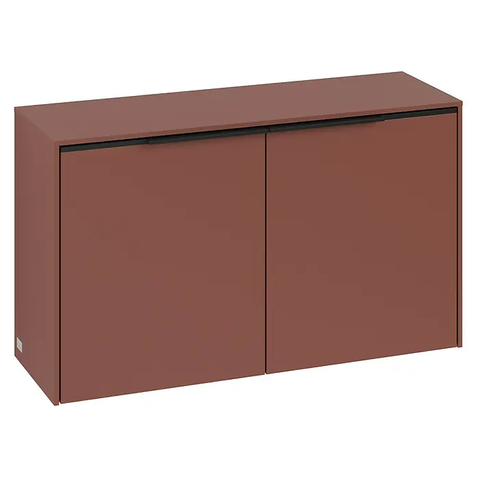 Villeroy & Boch Subway 3.0 Seitenschrank - B x T x H: 72,8 x 25,6 x 42,3 cm, Wine Red, DIN Anschlag: Links/Rechts, Farbe Griff: Volcano Black - Aufnahme eines eleganten Sideboards mit zwei Türen und einem schlanken schwarzen Griff, das sich perfekt für moderne Wohnräume eignet.