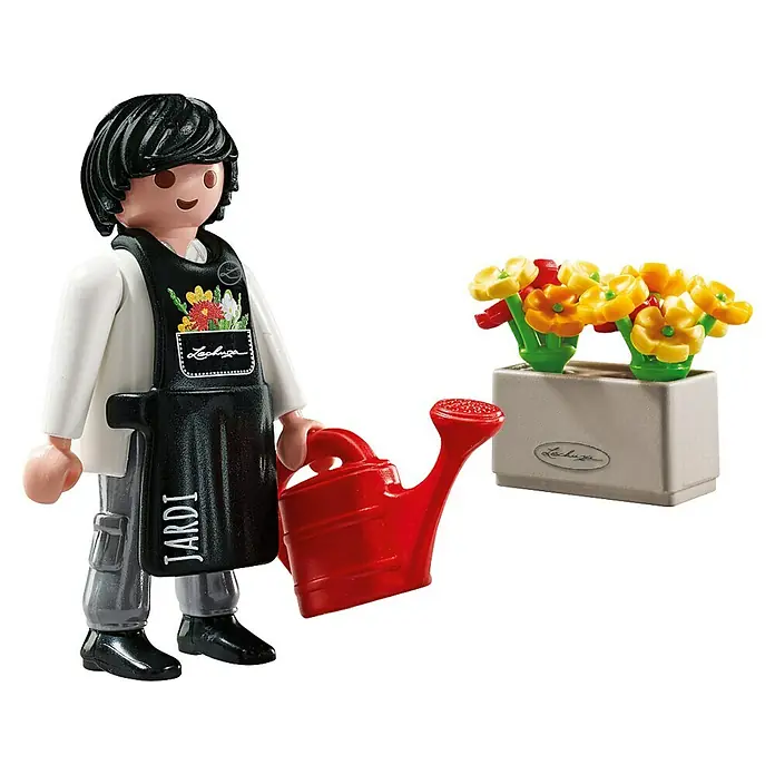 Lechuza Dekofigur Gärtner Jardi - L x B x H: 3 x 9 x 9 cm, Kunststoff - Ein Playmobil-Gärtner mit schwarzer Schürze, Gießkanne und Blumenkasten, ideal für kreative Spielszenarien im Garten oder Blumenladen.