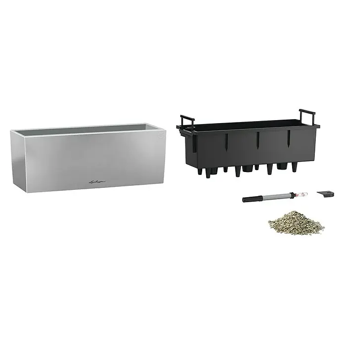 Lechuza Balkonkasten Balconera Steel - Max. Außenlänge: 50 cm, Perlgrau, Edelstahl - Das Bild zeigt einen Lechuza Pflanzkasten aus Metall, inklusive Pflanzeinsatz, Bewässerungsanzeige, und Pflanzgranulat. Perfekt für den Innen- und Außenbereich.