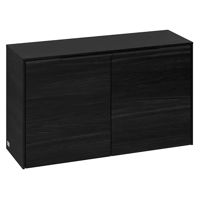 Villeroy & Boch Subway 3.0 Seitenschrank - B x T x H: 72,8 x 25,6 x 42,3 cm, Black Oak, DIN Anschlag: Links/Rechts, Farbe Griff: Volcano Black - Dunkler Holzschrank mit zwei Türen, ideal für stilvolle Aufbewahrung.