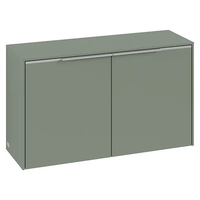 Villeroy & Boch Subway 3.0 Seitenschrank - B x T x H: 72,8 x 25,6 x 42,3 cm, Soft Green, DIN Anschlag: Links/Rechts, Farbe Griff: Aluminium glänzend - Grauer Wandschrank mit zwei Türen und silbernen Griffen. Praktische und stilvolle Aufbewahrungslösung für jeden Raum.