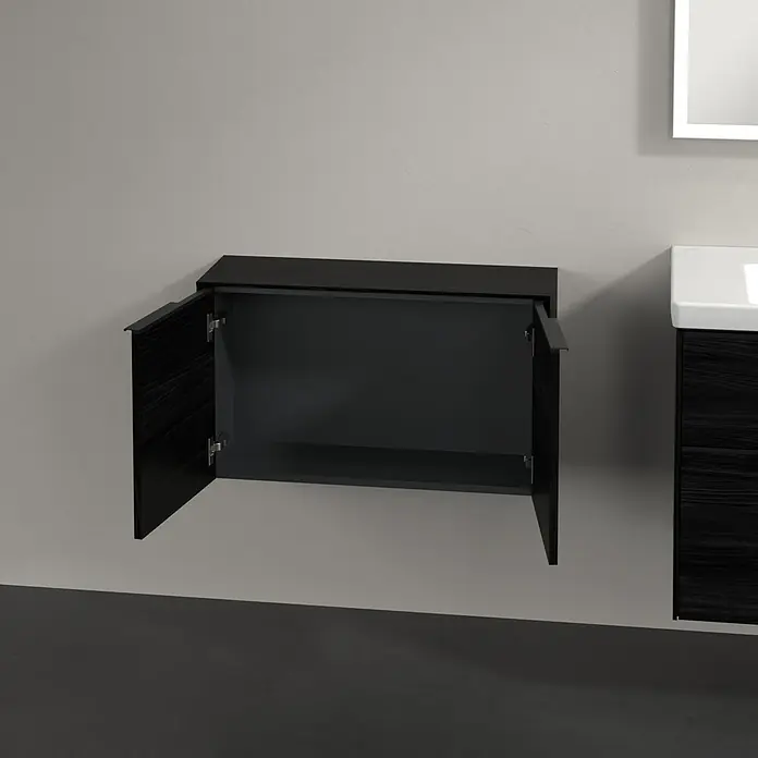 Villeroy & Boch Subway 3.0 Seitenschrank - B x T x H: 72,8 x 25,6 x 42,3 cm, Black Oak, DIN Anschlag: Links/Rechts, Farbe Griff: Volcano Black - Offener Badezimmerschrank in modernem Design. Die dunkle Holzoptik und die schlichte Formgebung machen ihn zu einem stilvollen Möbelstück.