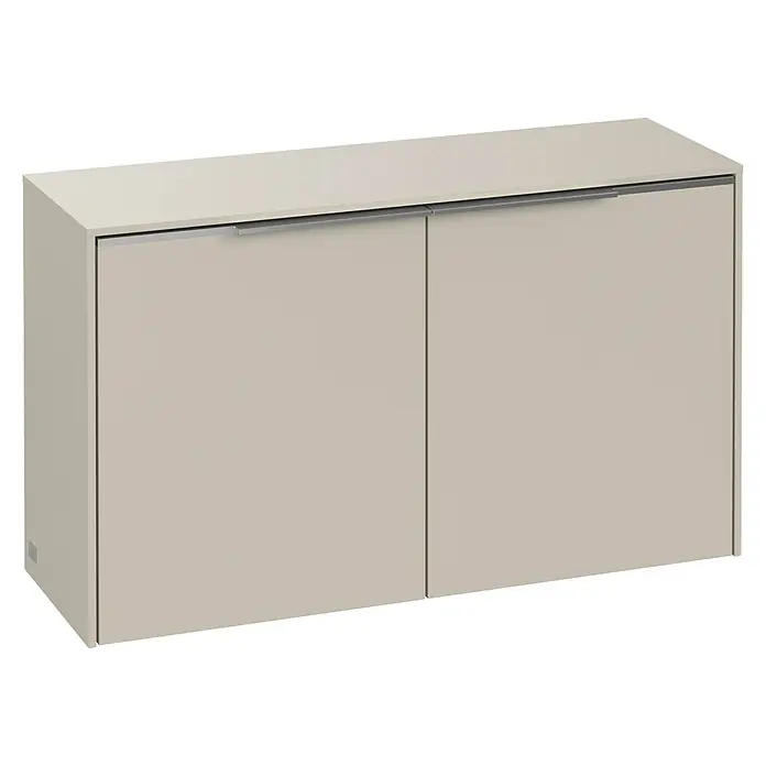 Villeroy & Boch Subway 3.0 Seitenschrank - B x T x H: 72,8 x 25,6 x 42,3 cm, Cashmere Grey, DIN Anschlag: Links/Rechts, Farbe Griff: Aluminium glänzend - Aufnahme eines modernen, horizontalen Wandschranks in neutraler Farbe mit minimalistischen Griffen.