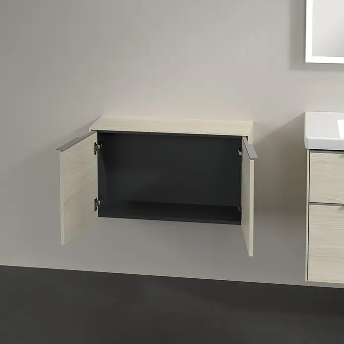 Villeroy & Boch Subway 3.0 Seitenschrank - B x T x H: 72,8 x 25,6 x 42,3 cm, White Oak, DIN Anschlag: Links/Rechts, Farbe Griff: Volcano Black - Offener Hängeschrank in Holzoptik mit dunkler Innenausstattung und modernen Griffen im Badezimmer. Stilvolle Badmöbel für mehr Stauraum.