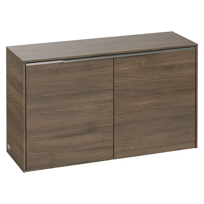 Villeroy & Boch Subway 3.0 Seitenschrank - B x T x H: 72,8 x 25,6 x 42,3 cm, Arizona Oak, DIN Anschlag: Links/Rechts, Farbe Griff: Aluminium glänzend - Elegantes Sideboard mit zwei Türen und Griffen aus gebürstetem Stahl in dunklem Holzdekor, ideal für Wohn- und Essbereich.