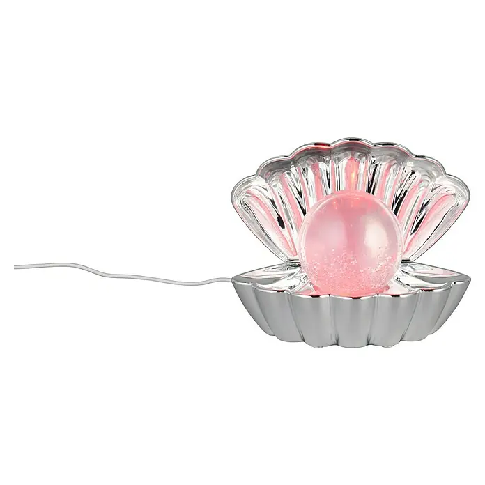 Trio Leuchten Deko-Tischleuchte Shelly - L x B x H: 12,5 x 17,5 x 14 cm, Silber - Nahaufnahme einer schimmernden Muschellampe mit einer rosa Kugel im Inneren, die ein sanftes, beruhigendes Licht ausstrahlt.