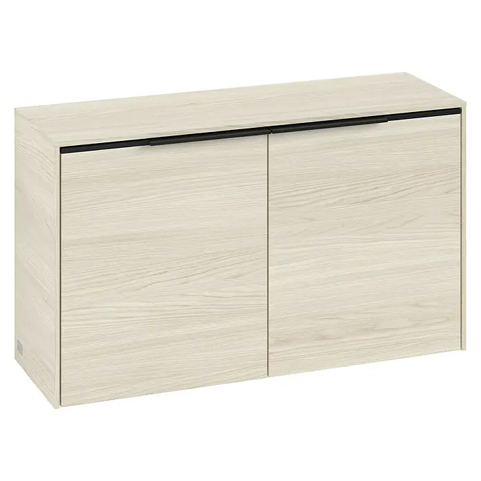 Villeroy & Boch Subway 3.0 Seitenschrank - B x T x H: 72,8 x 25,6 x 42,3 cm, White Oak, DIN Anschlag: Links/Rechts, Farbe Griff: Volcano Black - Ein heller Holzschrank mit zwei Türen und schwarzen Griffen, ideal für moderne Wohnräume. Praktisch und stilvoll.