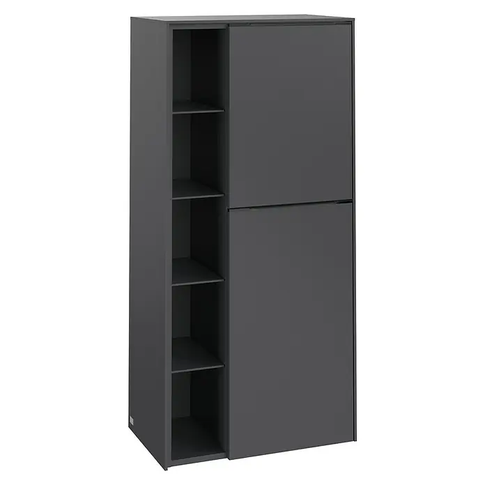 Villeroy & Boch Subway 3.0 Seitenschrank - B x T x H: 57,4 x 36,2 x 120 cm, Graphite, DIN Anschlag: Rechts, Farbe Griff: Monochrom - Abbildung eines grauen Schranks mit Regalen auf der linken Seite und Schiebetüren auf der rechten Seite.