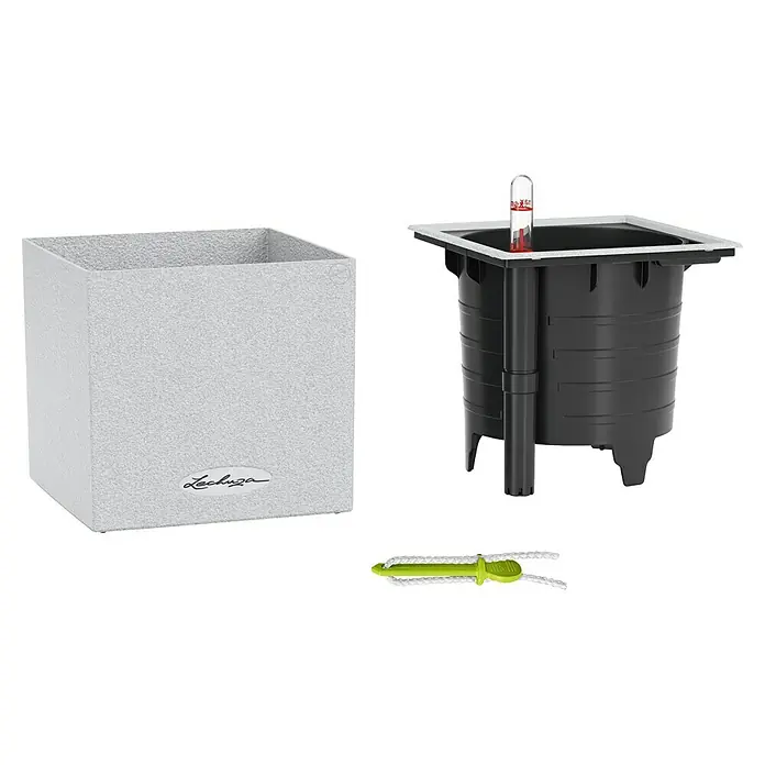 Lechuza Pflanzkübel eckig Canto Stone - Außenmaß (L x B x H): 14 x 14 x 13,5 cm, Kunststoff, Weiß - Produktansicht eines Lechuza Cube-Pflanzgefäßes, das ein graues Außengefäß, einen schwarzen Inneneinsatz mit Wasserstandsanzeige und eine Bewässerungsanzeige enthält.