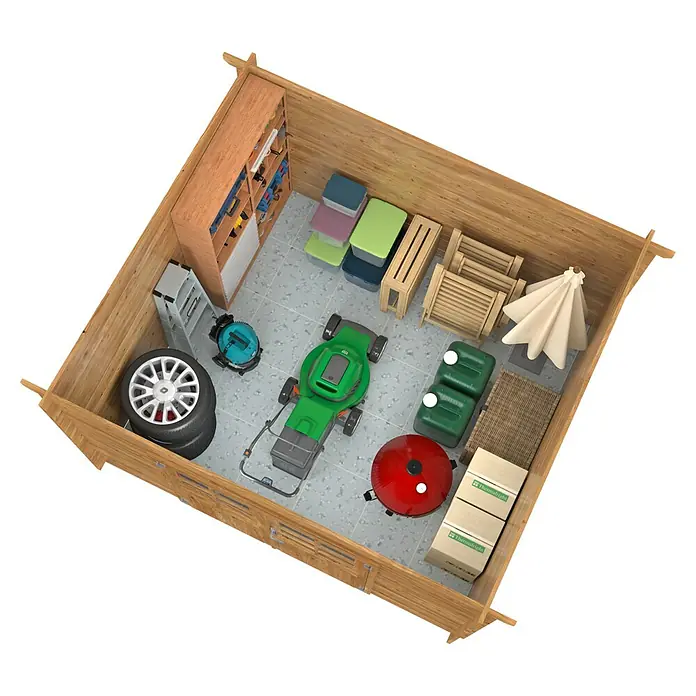 Palmako Gartenhaus Lola - Außenmaß inkl. Dachüberstand (B x T): 346 x 320 cm, Holz, Braun - Blick in ein Holzgartenhaus mit Rasenmäher, Regalen, Reifen und weiteren Gartengeräten.
