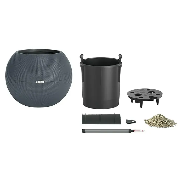 Lechuza Pflanztopf Puro Color 50 - Außenmaß (Ø x H): 49 x 41 cm, Kunststoff, Grau, Matt - Das Bild zeigt einen Lechuza Pflanztopf mit Zubehör, inklusive Einsatz, Wasserstandsanzeiger und Pflanzgranulat, ideal für Zimmerpflanzen.