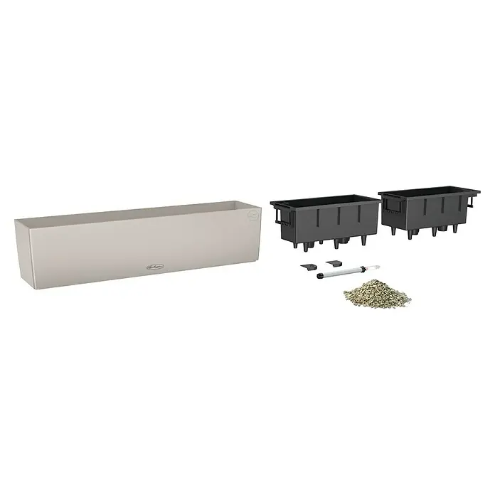 Lechuza Color Balkonkasten Balconera - Max. Außenlänge: 80 cm, Sandbraun - Lechuza Pflanzkasten-Set: Moderner, länglicher Pflanzkasten in Beige mit passenden Inneneinsätzen, Bewässerungssystem und Pflanzgranulat für eine einfache Bepflanzung.