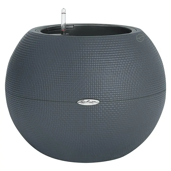 Lechuza Pflanztopf Puro Color 50 - Außenmaß (Ø x H): 49 x 41 cm, Kunststoff, Grau, Matt - Abbildung eines grauen Lechuza Pflanzgefäßes mit Wasserstandsanzeiger. Das Pflanzgefäß hat eine runde Form und eine gewebte Textur.