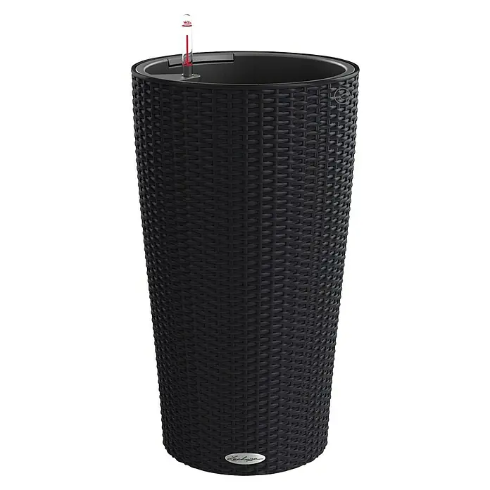 Lechuza Cottage Pflanzsäule rund Cilindro - Außenmaß (Ø x H): 23 x 41 cm, Kunststoff, Graphit - Schwarzer, hoher LECHUZA Pflanzkübel im Rattan-Design mit Wasserstandsanzeiger, ideal für den Innen- und Außenbereich, zur stilvollen Bepflanzung.