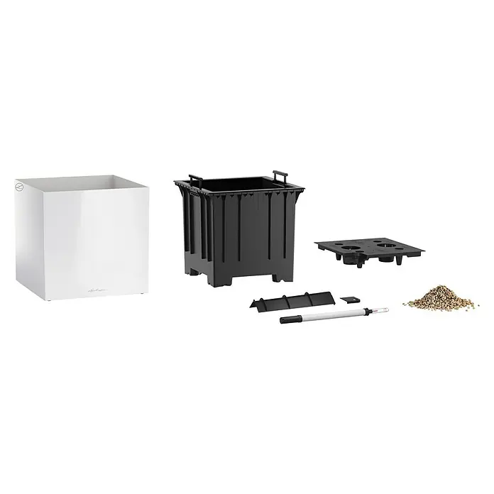 Lechuza Pflanzkasten Canto Premium - Außenmaß (L x B x H): 40 x 40 x 40 cm, Kunststoff, Weiß Glänzend - LECHUZA CUBICO Pflanzgefäß: Elegantes, weißes Gefäß mit schwarzem Innentopf, Bewässerungssystem und Pon-Substrat für gesunde Pflanzen.