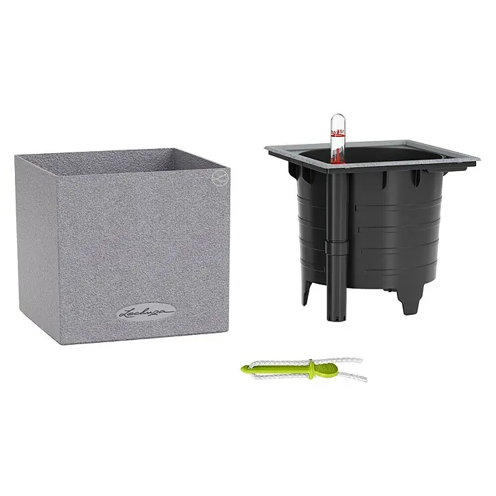 Lechuza Pflanzkübel eckig Canto Stone - Außenmaß (L x B x H): 14 x 14 x 13,5 cm, Kunststoff, Grau - Lechuza Cube Pflanzgefäß-Set mit Bewässerungssystem. Das Set enthält einen grauen Übertopf, einen Pflanzeinsatz, Wasserstandsanzeiger und Bewässerungsdochte.