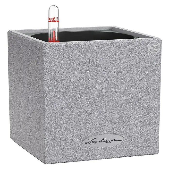 Lechuza Pflanzkübel eckig Canto Stone - Außenmaß (L x B x H): 14 x 14 x 13,5 cm, Kunststoff, Grau - Nahaufnahme eines quadratischen Lechuza Pflanzgefäßes in Steinoptik mit Füllstandsanzeige. Ideal für den Innen- und Außenbereich.