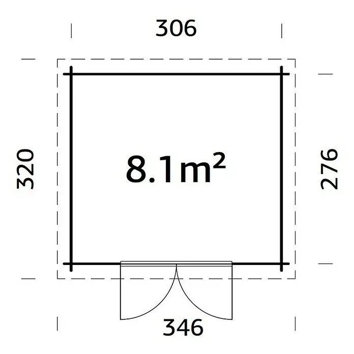Palmako Gartenhaus Lola - Außenmaß inkl. Dachüberstand (B x T): 346 x 320 cm, Holz, Braun - Grundrisszeichnung eines kleinen Holzhauses mit den Maßen 306 x 320 cm und einer Fläche von 8,1 m².