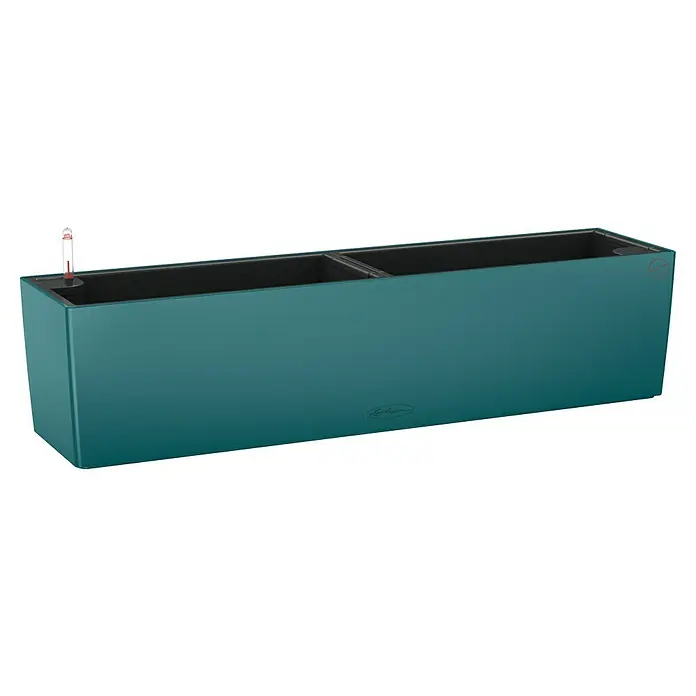 Lechuza Color Balkonkasten Balconera - Max. Außenlänge: 80 cm, Petrolblau - Langgezogener, petrolfarbener Pflanzkasten mit schwarzem Innenteil und rotem Füllstandsanzeiger für stilvolle Innen- und Außengestaltung.