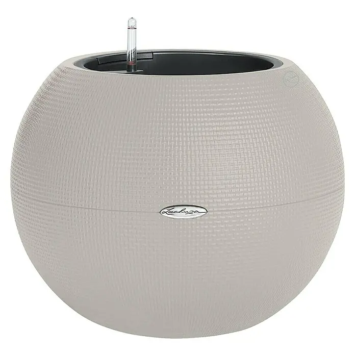 Lechuza Pflanztopf Puro Color 50 - Außenmaß (Ø x H): 49 x 41 cm, Kunststoff, Sandbraun, Matt - Nahaufnahme eines runden, beige Lechuza Pflanzgefäßes mit Wasserstandsanzeiger, ideal für Innen- und Außenbereiche.