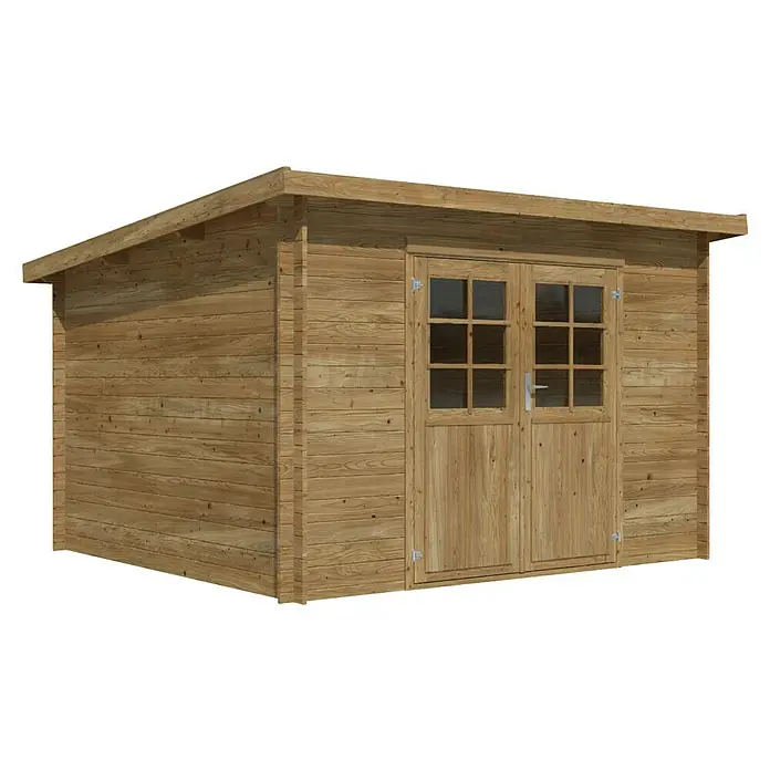 Palmako Gartenhaus Lola - Außenmaß inkl. Dachüberstand (B x T): 346 x 320 cm, Holz, Braun - Bild eines Holzgartenschuppens mit Doppeltüren und Fenstern. Praktisch für die Gartenaufbewahrung.