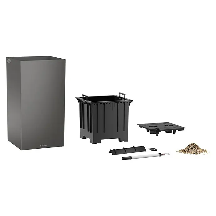 Lechuza Pflanzsäule eckig Canto Premium - Außenmaß (L x B x H): 40 x 40 x 76 cm, Kunststoff, Anthrazit Metallic - Produktansicht des LECHUZA Cube-Pflanzgefäßes, bestehend aus Pflanzgefäß, Pflanzeinsatz, Wasserstandsanzeiger und Substrat für einfache Bepflanzung.
