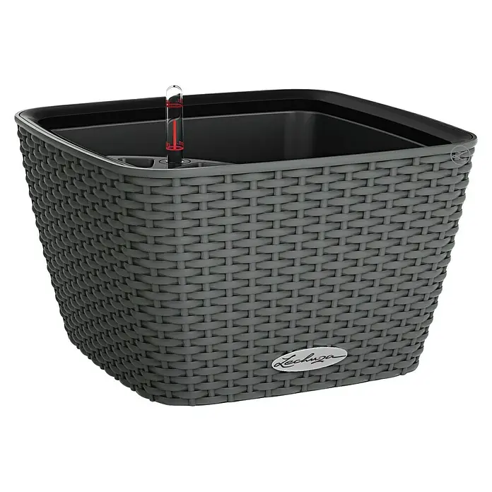 Lechuza Cottage Pflanzschale eckig Bacino - Außenmaß (L x B x H): 30 x 30 x 18 cm, Kunststoff, Granit - Grauer Lechuza Pflanztopf mit Wasserstandsanzeige, ideal für Innen- und Außenbereich. Elegantes Design mit Rattan-Optik für stilvolle Pflanzenpräsentation.