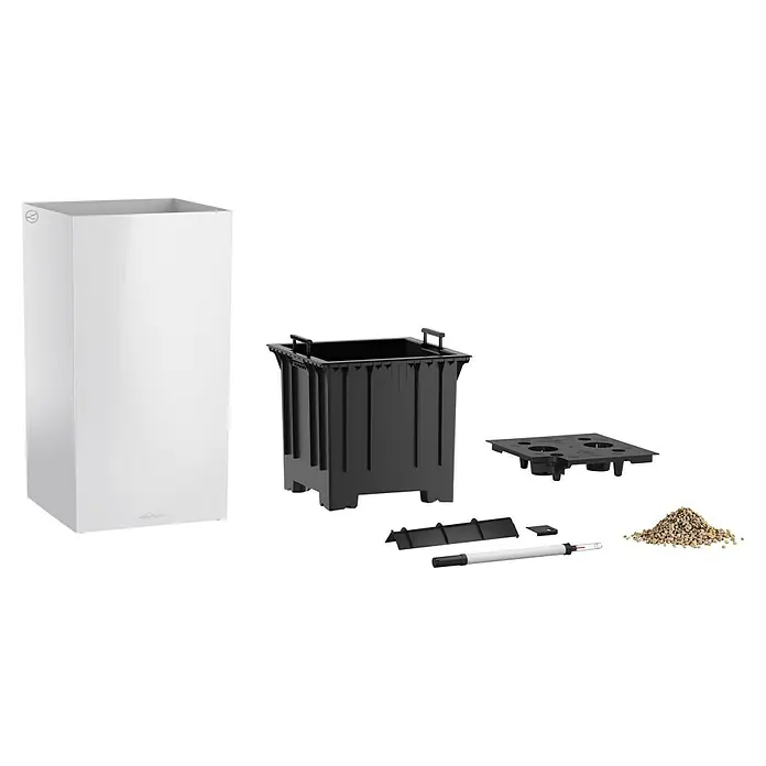 Lechuza Pflanzsäule eckig Canto Premium - Außenmaß (L x B x H): 40 x 40 x 76 cm, Kunststoff, Weiß Glänzend - Lechuza Classico LS 43 Komplettset in Weiß, inklusive Pflanzeinsatz, Bewässerungssystem und Zubehör für eine einfache Bepflanzung.