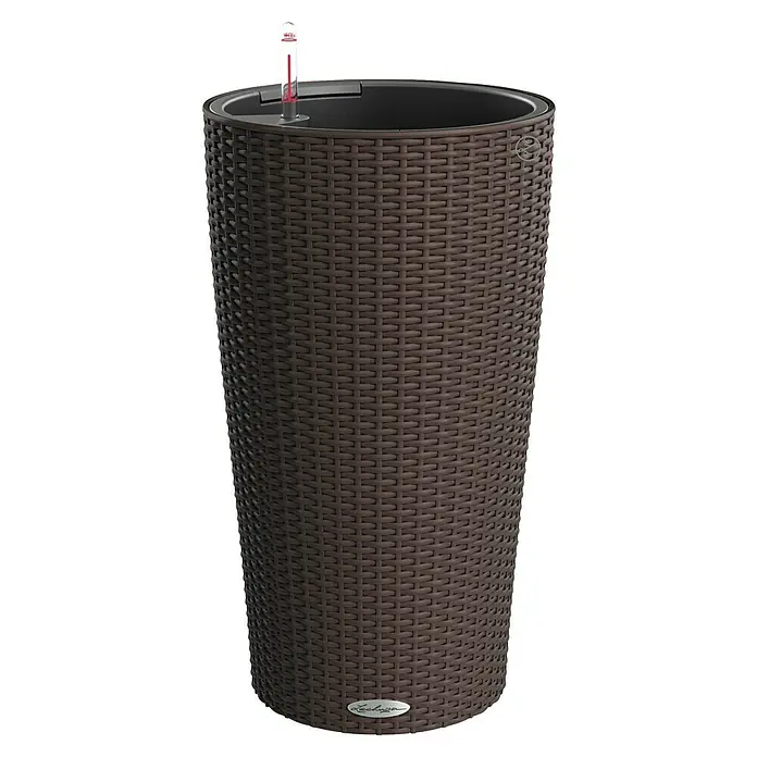 Lechuza Cottage Pflanzsäule rund Cilindro - Außenmaß (Ø x H): 32 x 56 cm, Kunststoff, Mokka - Hoher, schlanker, brauner Pflanzkübel in Rattanoptik mit Wasserstandsanzeiger für Innen- und Außenbereiche.