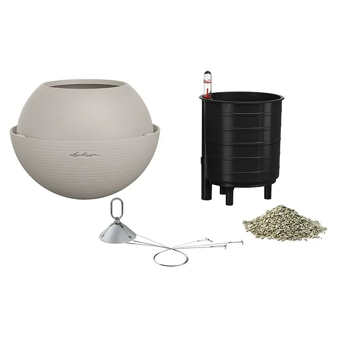 Lechuza Color Blumenampel Bola - Ø x H: 23 x 18 cm, Kunststoff, Sandbraun - Das Lechuza Komplettset mit Pflanzgefäß, Wasserstandsanzeiger, Überlaufrohr, Pflanzsubstrat und Trennboden für üppiges Pflanzenwachstum.