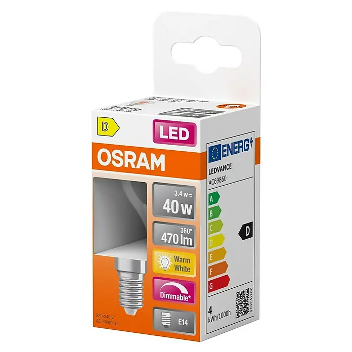 Osram Bombilla LED Esferic - E14, 3,4 W, 470 lm - La imagen muestra una bombilla LED Osram con base E14, luz blanca cálida y una potencia de 3,4 W (equivalente a 40 W). Clase de eficiencia energética D.