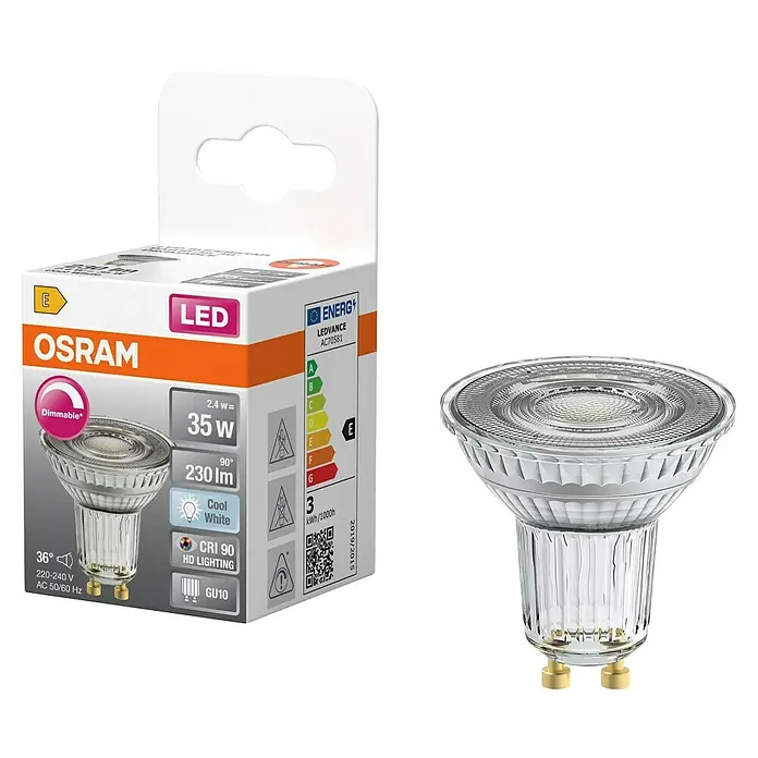 Osram Superstar LED-Lampe PAR16 - 2,4W - GU10, Dimmbar, Kaltweiß, 230 lm, 2,4 W - Produktabbildung: OSRAM LED-Lampe, dimmbar, 35W, mit GU10-Sockel und Energieeffizienzklasse E. Ideal für stimmungsvolle Beleuchtung.