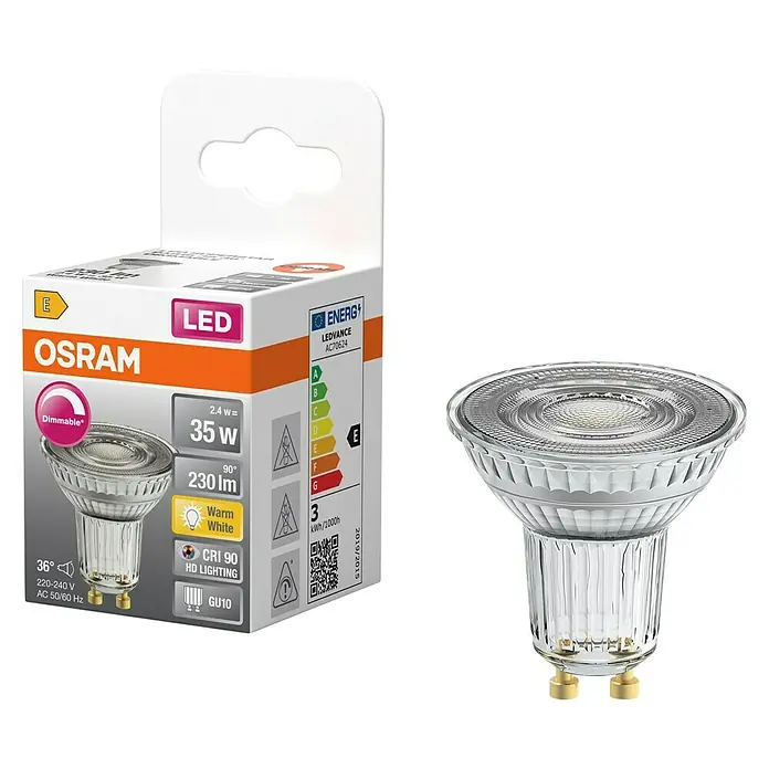 Osram Superstar LED-Lampe PAR16 - 2,4W - GU10, Dimmbar, Warmweiß, 230 lm, 2,4 W - LED-Spot von Osram mit 35W Leistung, warmweißem Licht und hoher Farbwiedergabe (CRI 90) für eine akzentuierte Beleuchtung.