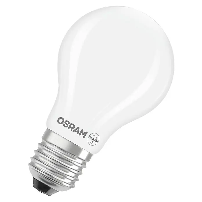 Osram Superstar LED-Lampe Classic A - frosted - E27, Dimmbar, Warmweiß, 806 lm, 5,9 W - Nahaufnahme einer Osram LED-Lampe mit mattweißer Oberfläche, die ein weiches und angenehmes Licht für jeden Raum verspricht.