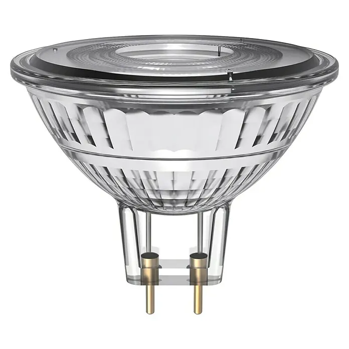 Osram Superstar LED-Lampe MR16 - GU5,3, Dimmbar, Warmweiß, 345 lm, 3,4 W - Das Bild zeigt eine MR16 LED-Lampe mit klarem Glas, die für ihre Energieeffizienz und lange Lebensdauer bekannt ist. Ideal für Akzent- und Allgemeinbeleuchtung.
