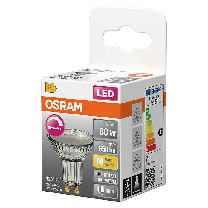 Osram LED-Lampe PAR16 - 6,9W - GU10, 6,9 W, 650 lm - LED-Reflektorlampe von Osram in einer weißen Verpackung, die Produktdetails wie Dimmbarkeit, Wattzahl und Lichtleistung hervorhebt.