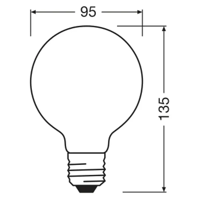 Osram Star LED-Lampe Globe 95 - E27, Nicht Dimmbar, Warmweiß, 806 lm, 5,9 W - Abbildung einer Glühbirne mit den Maßen 95 mm Durchmesser und 135 mm Höhe, technische Zeichnung.