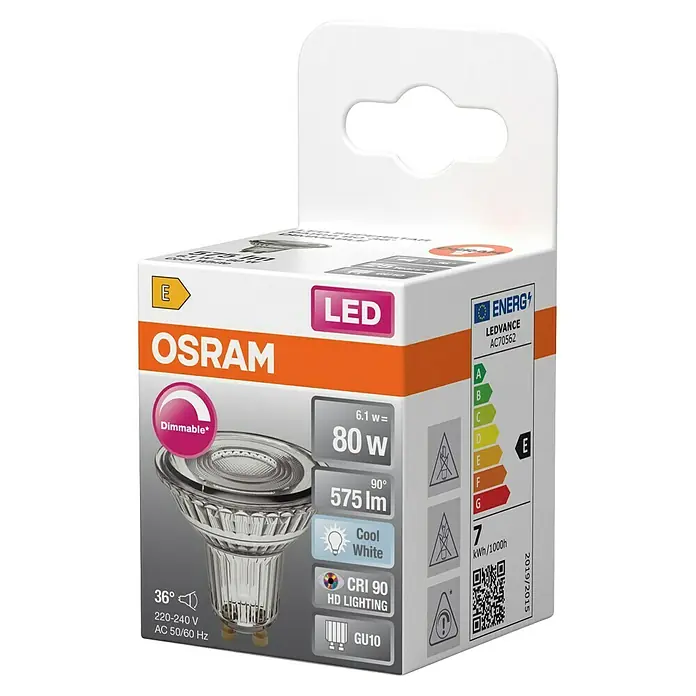 Osram Bombilla LED - GU10, 6,1 W, 575 lm - La imagen muestra una lámpara LED Osram regulable de 6.1W (equivalente a 80W), 575 lúmenes, en blanco frío, con base GU10 en su paquete.